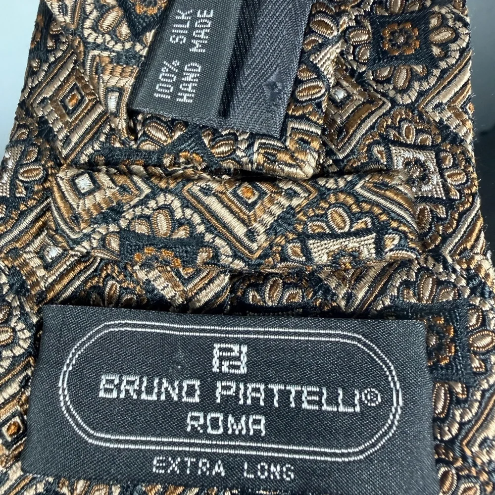 Bruno Piattelli Roma Extra Long Mens Silk Necktie Bronze Gold Geometric Print